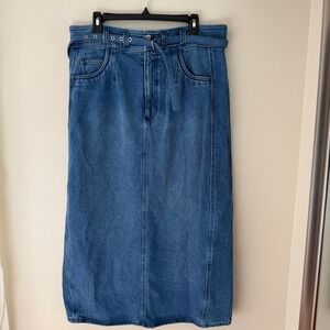Pilcro Anthropologie Denim Midi Barrel Skirt Blue Belted High Rise Size 14